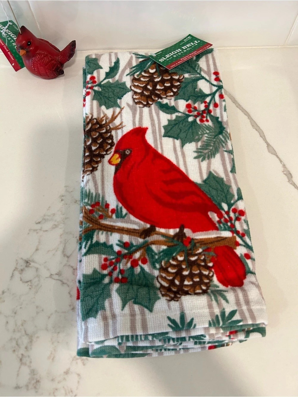Sleigh Bell Bistro Cardinal & Holly Kitchen Towels White & Red
